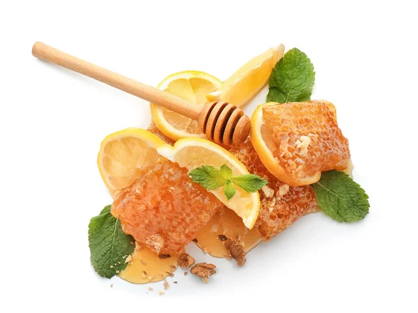 Wooden Dipper Honeycomb Lemon White Background — Stock Photo, Image