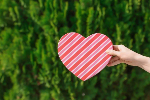 Woman Holding Heart Shaped Gift Box Blurred Background — Stock Photo, Image