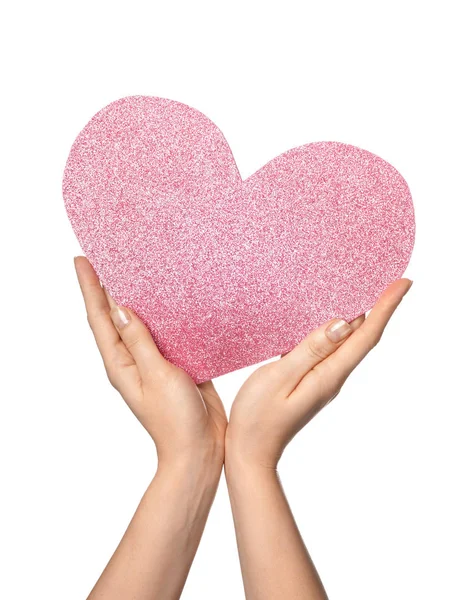 Woman Holding Pink Heart White Background — Stock Photo, Image