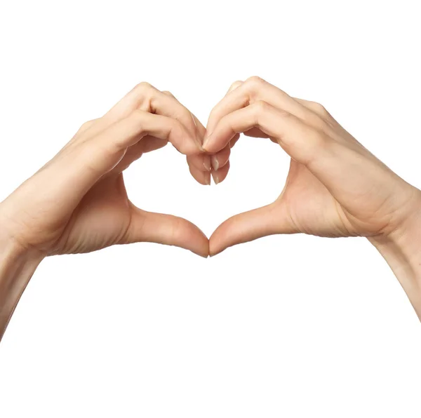 Mujer Haciendo Corazón Con Sus Manos Sobre Fondo Blanco — Foto de Stock