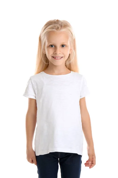 Linda Niña Camiseta Sobre Fondo Blanco —  Fotos de Stock