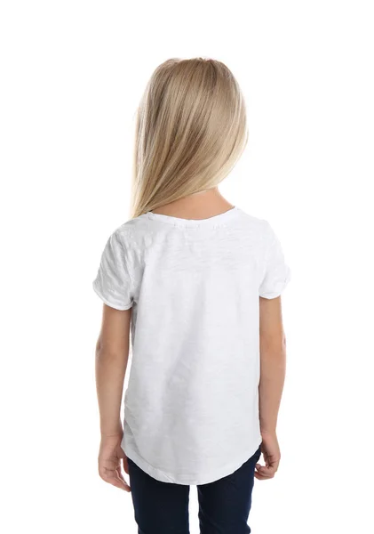 Beyaz Arka Planda Shirt Küçük Kız Arkadan Görünüm — Stok fotoğraf