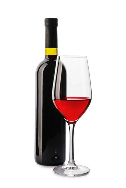 Bicchiere Bottiglia Con Gustoso Vino Sfondo Bianco — Foto Stock
