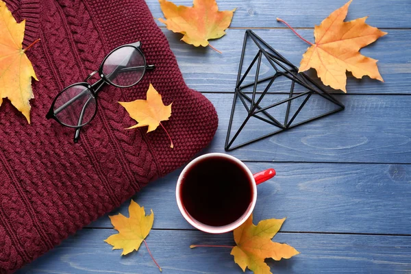 Composition Cup Delicious Mulled Wine Warm Sweater Autumn Leaves Color — Stock Photo, Image