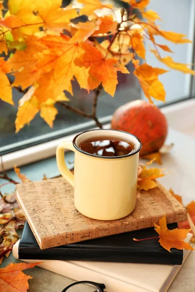 Metal Cup Aromatic Tea Autumn Leaves Windowsill — Stock Photo, Image