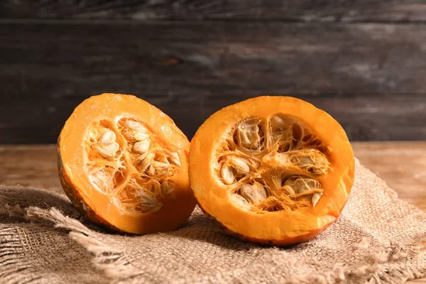 Cut Fresh Raw Pumpkin Wooden Table — Stock Photo, Image