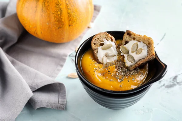 Bowl Tasty Pumpkin Cream Soup Light Table — Stock Photo, Image