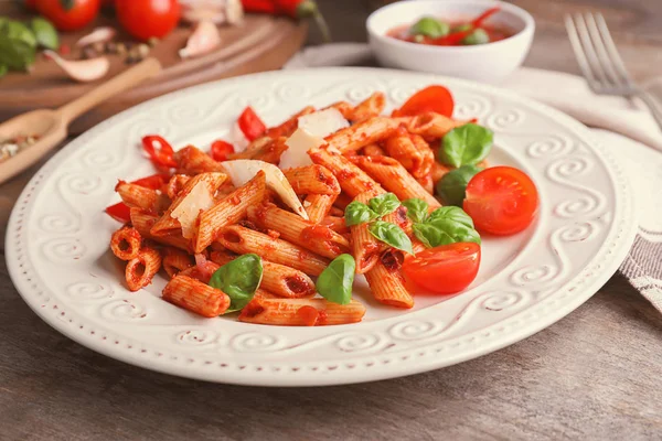 Plate Delicious Penne Pasta Garnish Table — Stock Photo, Image