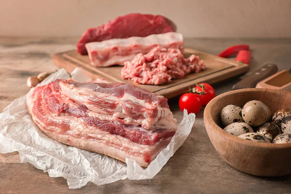 Ventre Porc Cru Sur Table Bois Produits Viande Fraîche — Photo