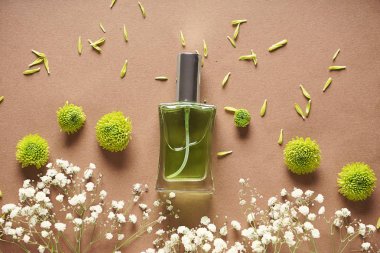 Parfüm ve renk arka plan üzerinde güzel çiçek şişe ile kompozisyon