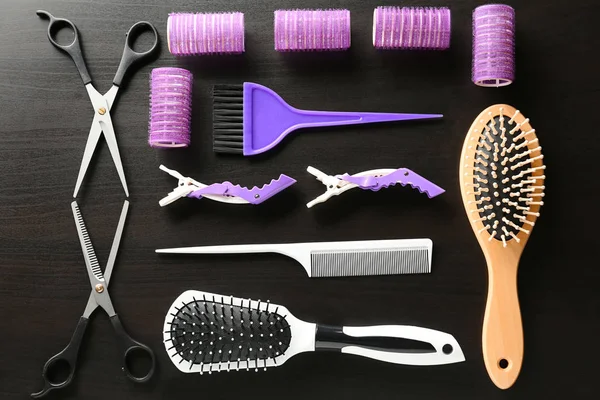 Flat Lay Composition Set Hairdresser Tools Dark Background — Stock Photo, Image