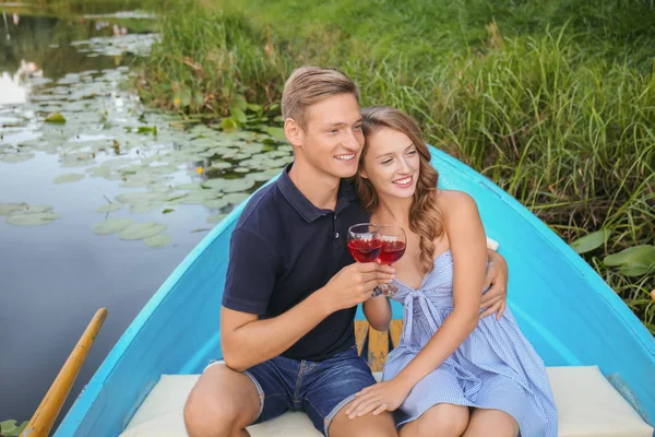 Cute Young Couple Having Romantic Date Boat — Stock Photo, Image