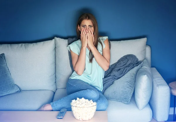 Emotional Young Woman Eating Popcorn While Watching Home — Stock Photo, Image