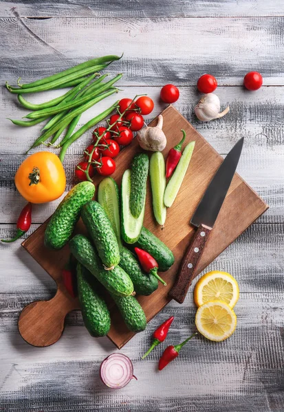 Various Fresh Vegetables Cutting Board Wooden Background — Stock Photo, Image