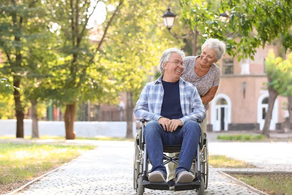 Happy Senior Man Wheelchair His Wife Outdoors — Stock Photo, Image