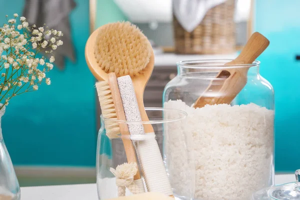 Body Care Accessories Table Bathroom — Stock Photo, Image