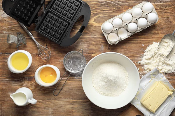 Modern Waffle Maker Ingredients Wooden Table — Stock Photo, Image