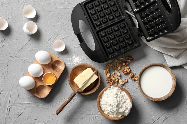 Modern Waffle Maker Ingredients Grey Table — Stock Photo, Image