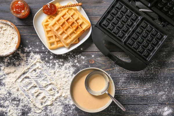 Modern Waffle Maker Ingredients Wooden Table — Stock Photo, Image