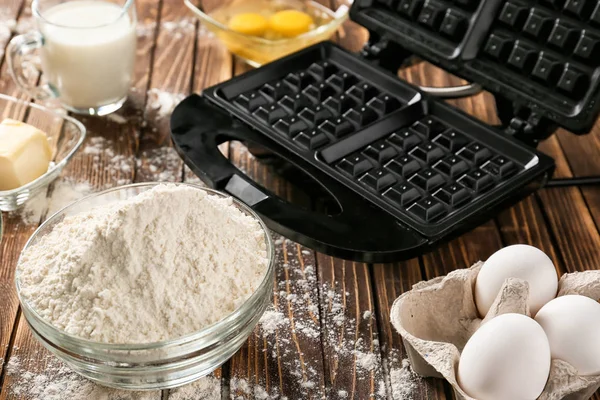 Modern Waffle Maker Ingredients Wooden Table — Stock Photo, Image