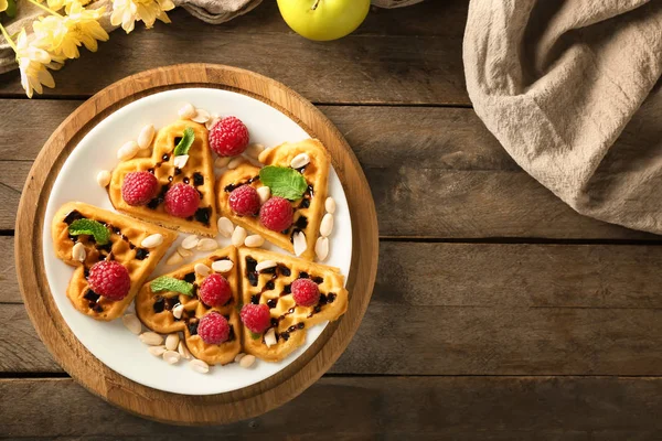 Heart Shaped Waffles Raspberries Nuts Wooden Table — Stock Photo, Image