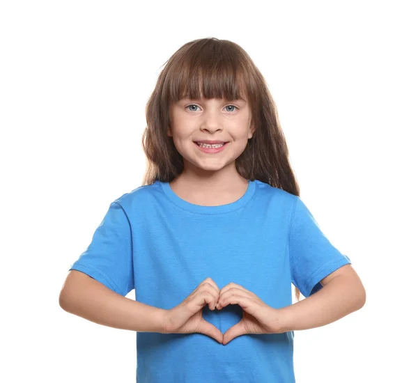 Little Girl Shirt Making Heart Her Hands White Background — Stock Photo, Image