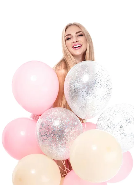 Belle Jeune Femme Avec Des Ballons Air Sur Fond Blanc — Photo