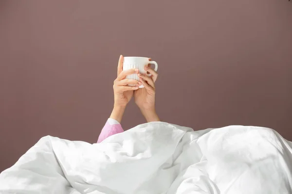 Sleepy Woman Blanket Cup Coffee Bed — Stock Photo, Image