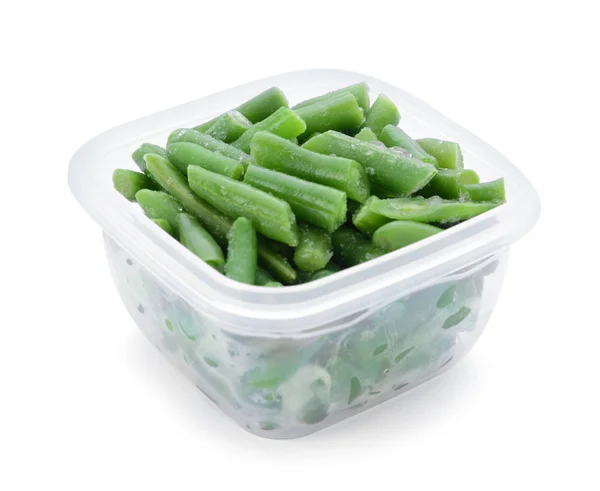 Plastic Container Frozen Green Beans White Background — Stock Photo, Image