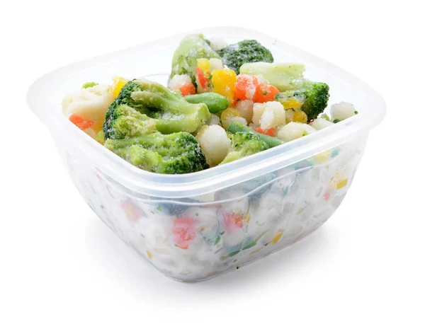 Plastic Container Frozen Vegetables White Background — Stock Photo, Image