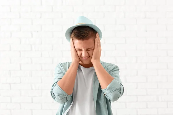 Portrait Handsome Stressed Young Man White Brick Wall — Stock Photo, Image