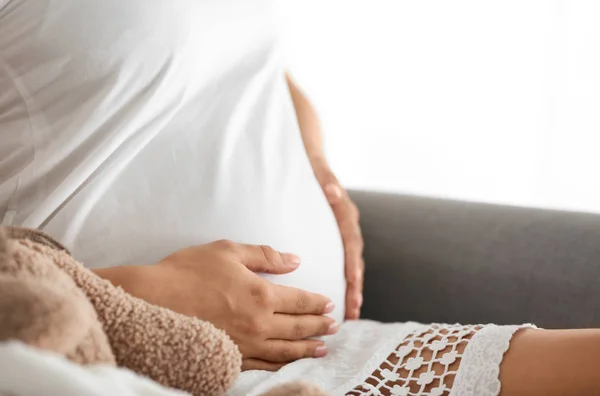 Beautiful Pregnant Woman Sitting Armchair Home Closeup — Stock Photo, Image