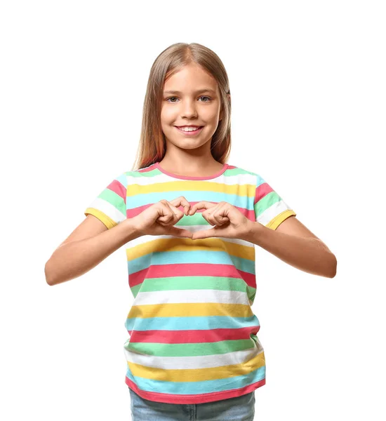 Hermosa Niña Camiseta Haciendo Corazón Con Sus Manos Sobre Fondo — Foto de Stock