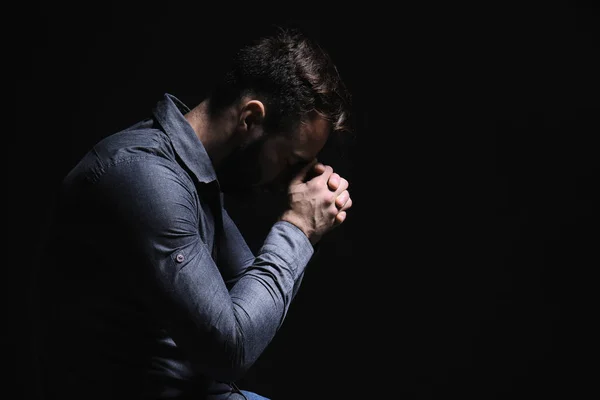 Religious Young Man Praying God Black Background — Stock Photo, Image
