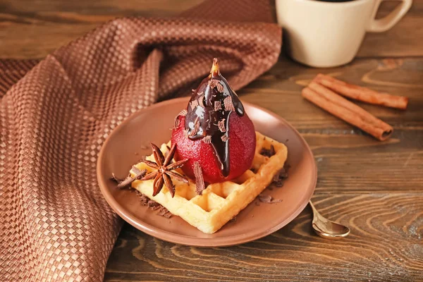Plate Sweet Waffle Pear Stewed Red Wine Wooden Table — Stock Photo, Image