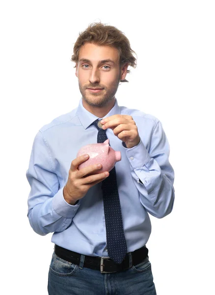 Hombre Guapo Con Alcancía Sobre Fondo Blanco —  Fotos de Stock