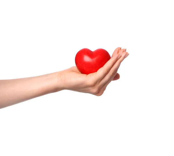 Woman Holding Red Heart White Background — Stock Photo, Image