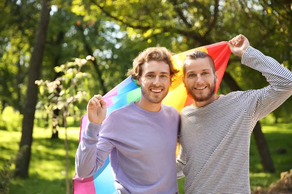 Boldog Homoszexuális Pár Szivárvány Lmbt Zászló Park — Stock Fotó