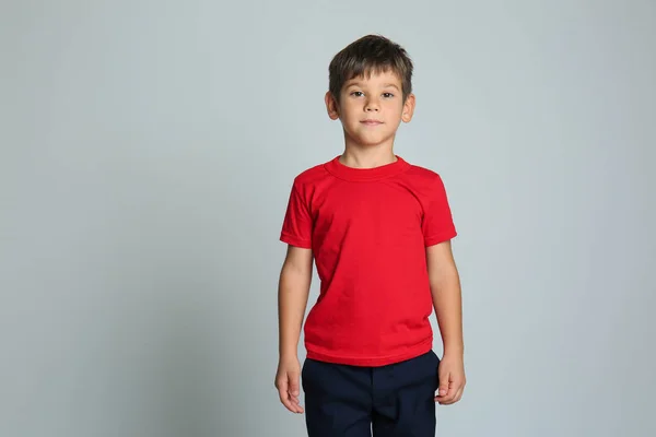 Cute Little Boy Shirt Grey Background — Stock Photo, Image