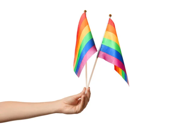 Woman Holding Rainbow Flags Lgbt White Background — Stock Photo, Image