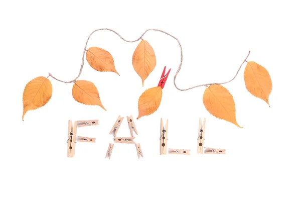 Word FALL made of clothes pins and autumn leaves on white background