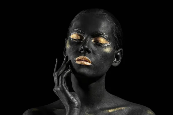 Beautiful Woman Black Golden Paint Her Body Dark Background — Stock Photo, Image