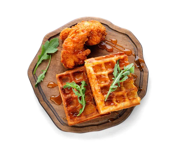 Delicious Waffles Chicken Honey Wooden Board Isolated White — Stock Photo, Image