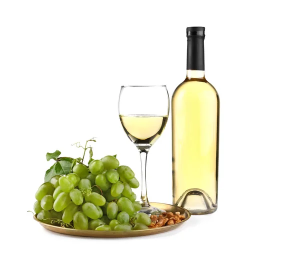 Composition Tasty Wine Fresh Grapes White Background — Stock Photo, Image