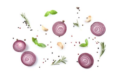 Baharatlar ve otlar beyaz arka plan üzerinde düz yatıyordu kompozisyonu