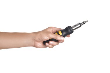 Beyaz izole erkek elinde tornavida