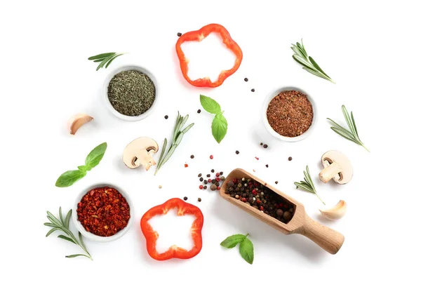 Flat Lay Composition Spices Herbs White Background — Stock Photo, Image