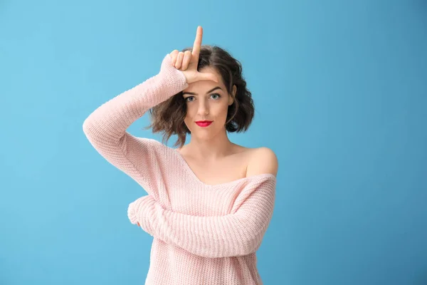 Portret Van Mooie Vrouw Kleur Achtergrond — Stockfoto