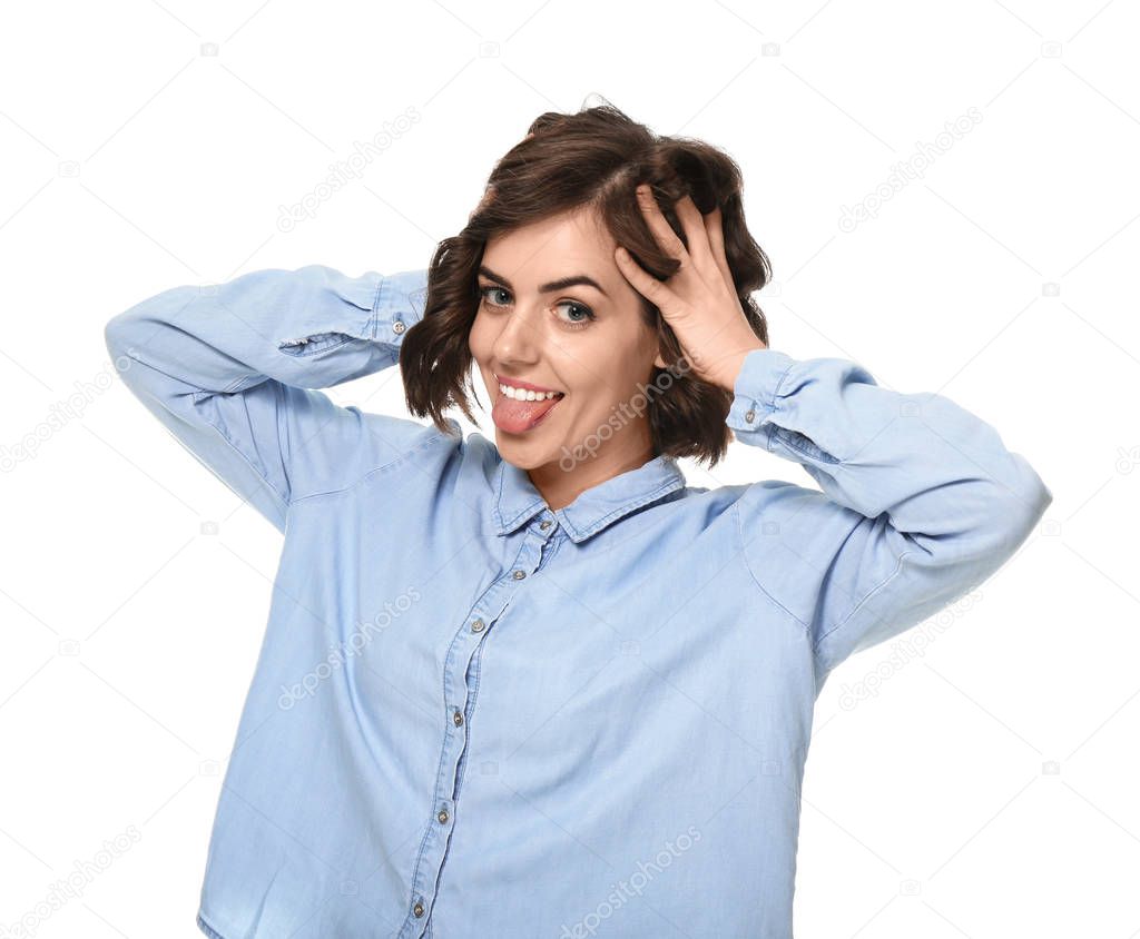 Portrait of beautiful young woman on white background