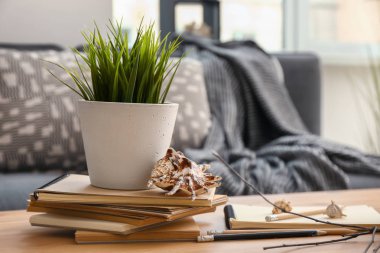 Dizüstü bilgisayarlar, houseplant ve kabukları Oda tablo